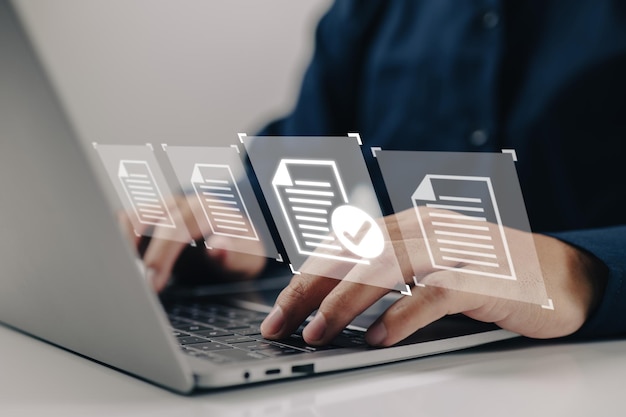 Laptop with virtual screen and document for paperless quality assurance and ERP online approval