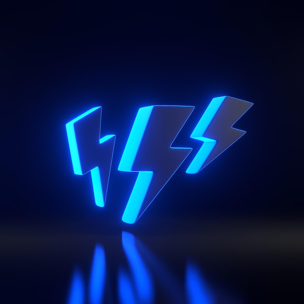 Lightning bolt icon with bright glowing futuristic blue neon lights on black background 3D render