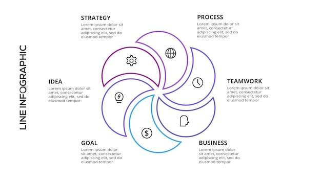 Line InfographicsTemplate concept with 6 options parts steps processes
