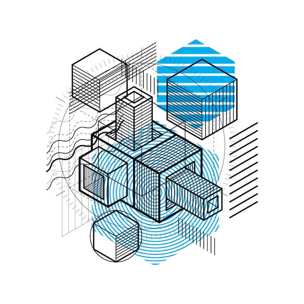 Lines and shapes abstract vector isometric 3d background. Layout of cubes, hexagons, squares, rectangles and different abstract elements.