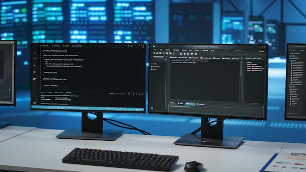 Lines of code running on computer screens in data center