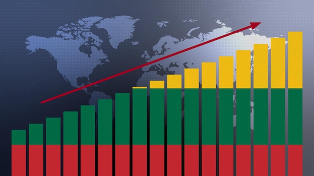 lithuania flag on bar chart concept with increasing values economic recovery and business improving after crisis and other catastrophe as economy and businesses reopen again