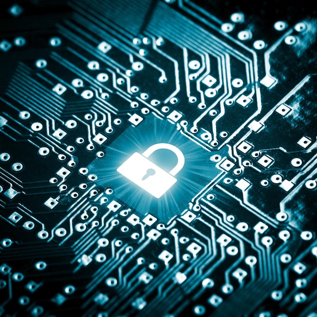 Lock on computer chip technology security concept