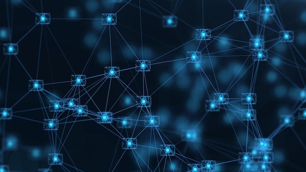 Lohkoketjun verkkokonsepti. Isometriset digitaaliset lohkot neliökoodi ison datan yhteys.