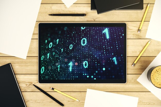Luova abstrakti binäärikoodiluonnos modernilla digitaalisen tabletin näytöllä, hakkerointi- ja matriisikonsepti, yläkuva, 3D-renderöinti