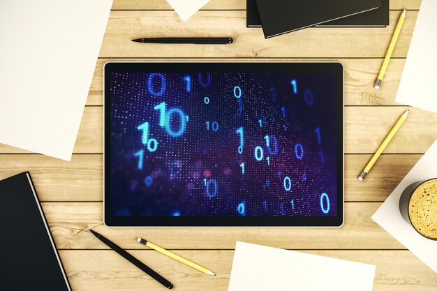 Luova abstrakti binäärikoodiluonnos modernilla digitaalisen tabletin näytöllä, hakkerointi- ja matriisikonsepti, yläkuva, 3D-renderöinti