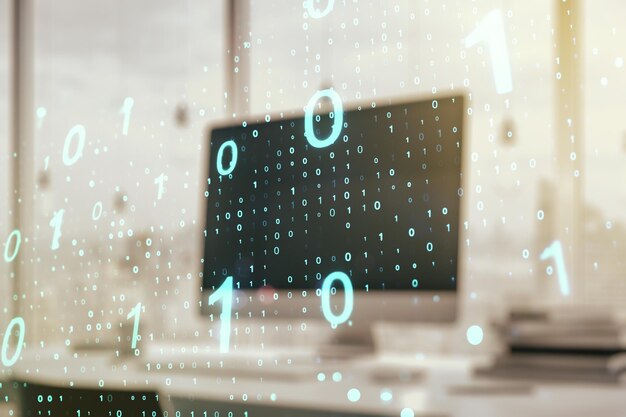 Luova abstrakti binäärikoodiluonnos modernilla kannettavan tietokoneen taustalla, hakkerointi- ja matriisikonsepti. Monivalotus