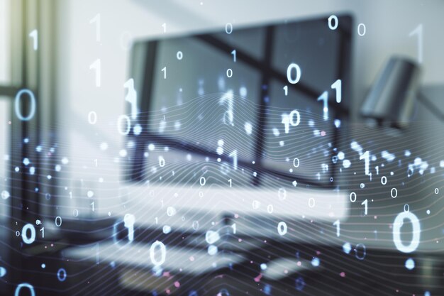 Luova konsepti binäärikoodin kuvasta modernissa kannettavan tietokoneen taustassa. Big data ja koodauskonsepti. Usean valotuksen