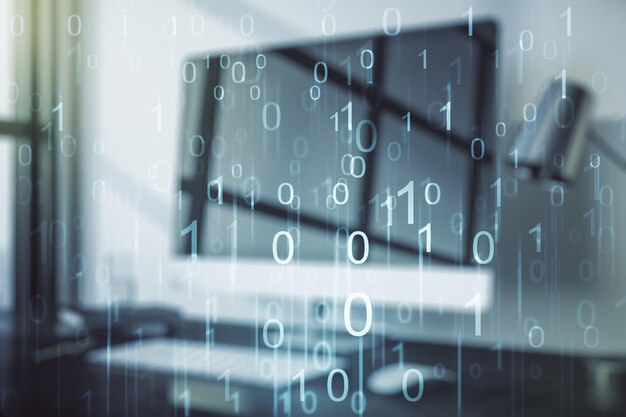 Luova konsepti binäärikoodin kuvasta modernissa kannettavan tietokoneen taustassa. Big data ja koodauskonsepti. Usean valotuksen