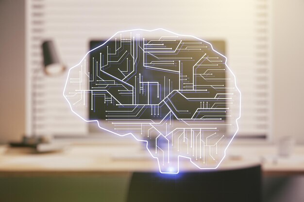 Luova tekoälykonsepti ihmisaivojen hologrammilla modernilla kannettavan tietokoneen taustalla, monivalotus