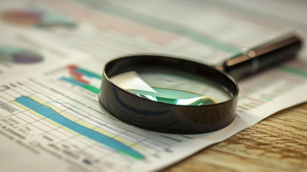 magnifying glass over various types of colorful business charts and graphs on paper suggesting data analysis or financial examination