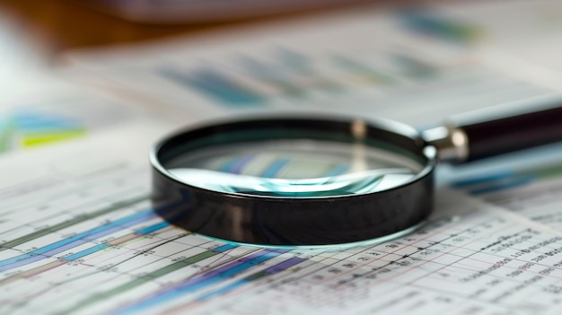 magnifying glass over various types of colorful business charts and graphs on paper suggesting data analysis or financial examination
