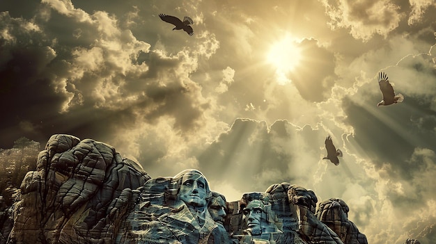 Majestic Sun Rays over Rocky Mountains with Soaring Eagles