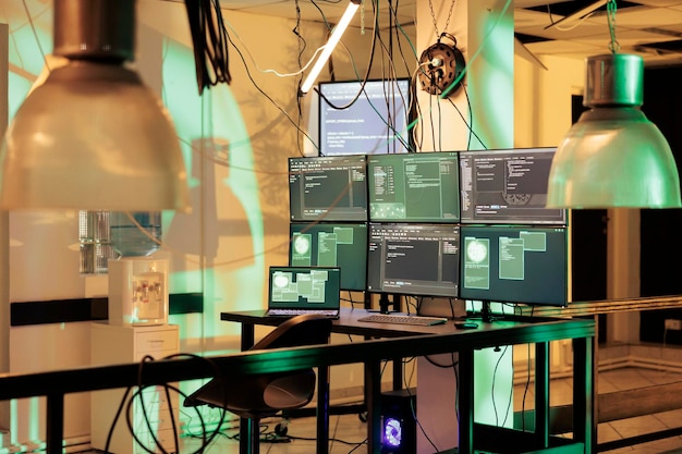 Malicious software code running on multiple computer screens, personal information stealing, database hacking. Cyberterrorism, online server password cracking, malware programming