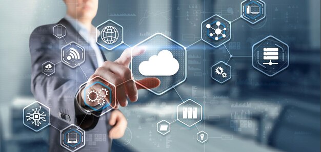 man clicks icon cloud computing technology internet storage network concept