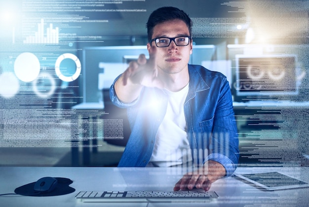 Man computer engineering and portrait with overlay code or innovation for interface Data scientist tech and market analysis for blockchain metrics or futuristic network in digital transformation