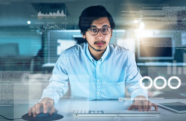 Man computer engineering and portrait with overlay code or innovation in web research Data scientist technology and market analysis for blockchain metrics or futuristic in digital transformation