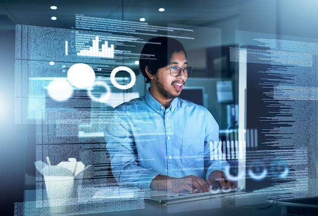 Man computer engineering and programming code in typing for innovation or web research Data scientist technology and cybersecurity for blockchain overlay or futuristic with digital transformation