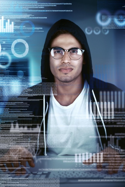 Man hacker and computer code at night for firewall breach and access in cyber crime Software engineer technology and data protection with overlay dark web and analysis for programming or network