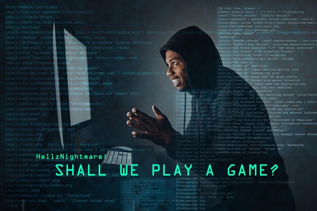 Man hacker and programming code at night for firewall breach and access in cyber crime Software engineer technology and data protection with overlay dark web and computer for game hacking