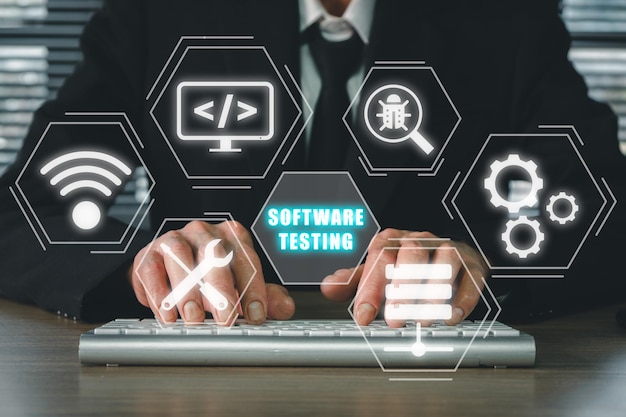 Man hand typing keyboard computer with SOFTWARE TESTING inscription icon on VR screen Business modern technology internet and networking concept