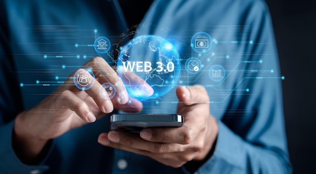 Man hands with Web 30 Technology in the digital tech future 30 Technology global network Blockchain and crypto currency Global Futuristic website internet development on data