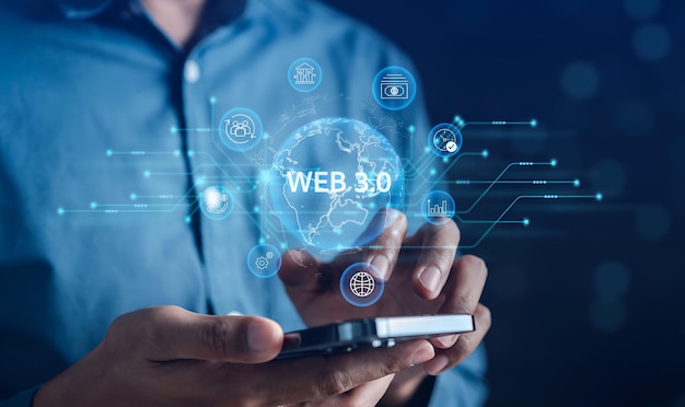 Man hands with Web 30 Technology in the digital tech future 30 Technology global network Blockchain and crypto currency Global Futuristic website internet development on data