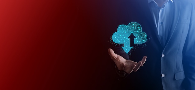 man hold cloud icon technology. polygonal wireframe cloud storage sign with two arrows up and down. cloud computing, big data center, future infrastructure, digital ai concept. virtual hosting symbol