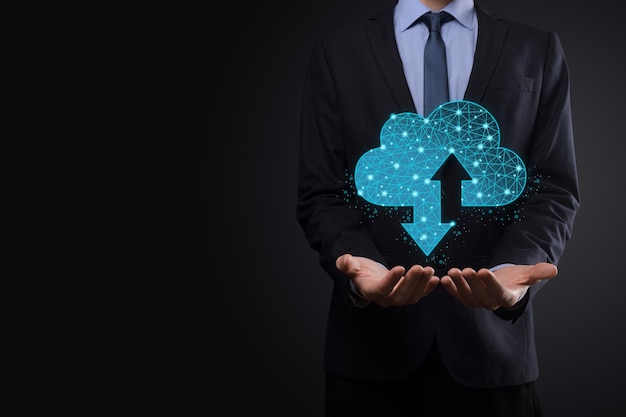 man hold cloud icon technology polygonal wireframe cloud storage sign with two arrows up and down cloud computing big data center future infrastructure digital ai concept virtual hosting symbol