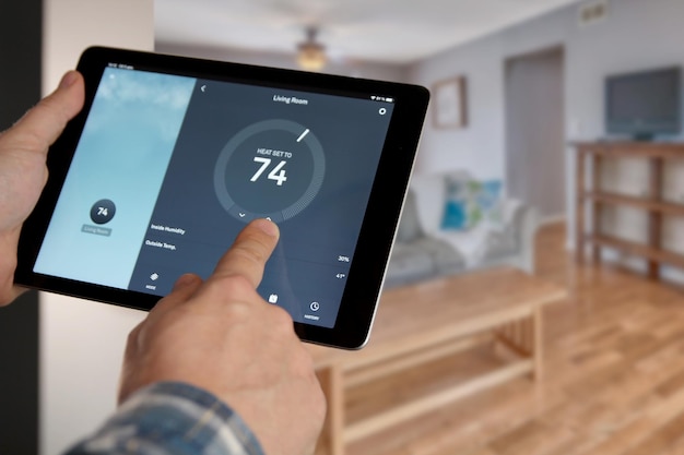 man is adjusting a temperature using a tablet with smart home app in modern living room