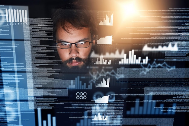 Man overlay and programmer with coding data and analysis for cyber security and software development Male person programming and information technology during night for cloud computing database