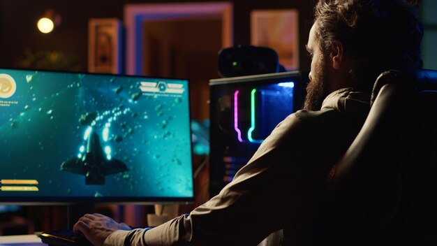 Man shooting asteroids in spaceship flying singleplayer game