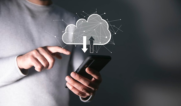 Man touching a cloud networking hand phone