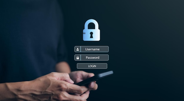 Man using a smartphone to log in with username and password Cybersecurity concept information security and encryption secure access to users personal information secure Internet access