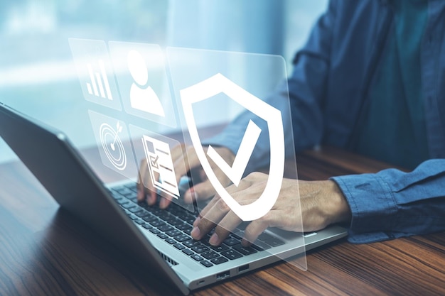 Man using computer buy insurance online insurance investment concept