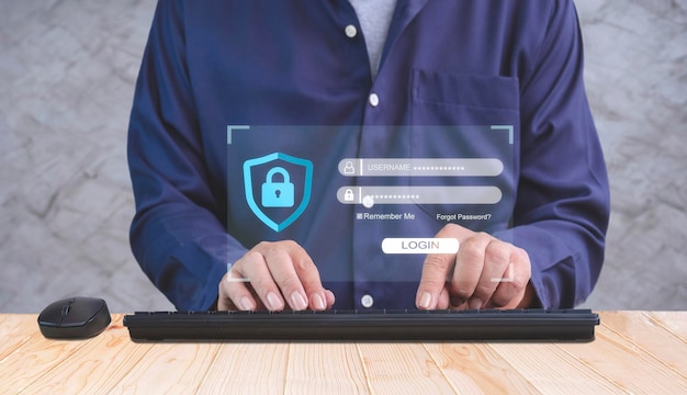 Man using computer keyboard with login and user's personal encryption icon on virtual interface