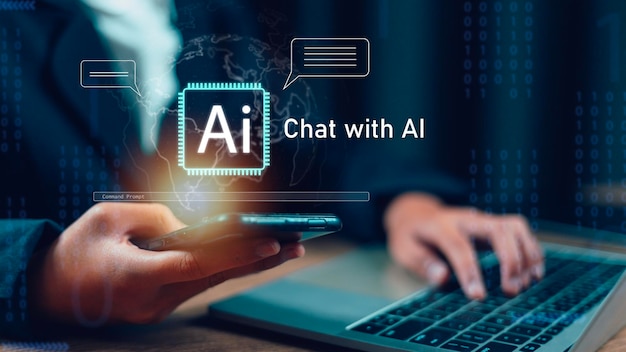 Man using hand AI Artificial Intelligence to generate content Text to image smart AI by entering command prompt for generates something Futuristic technology Business transformation