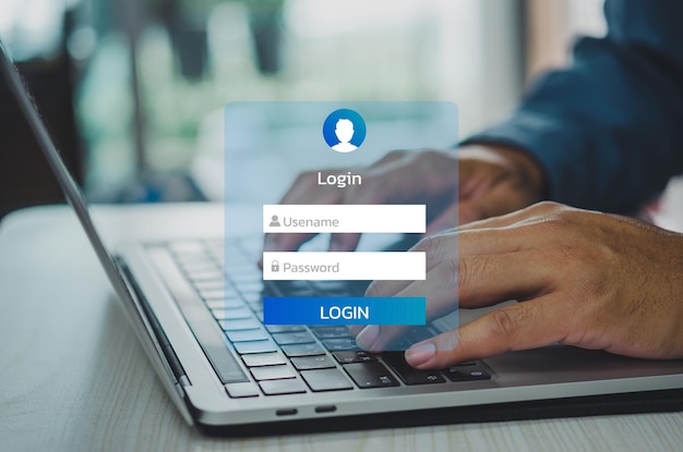 Man using kyeboard computer laptop login interface on touch screen user name and password inputs on virtual digital account online