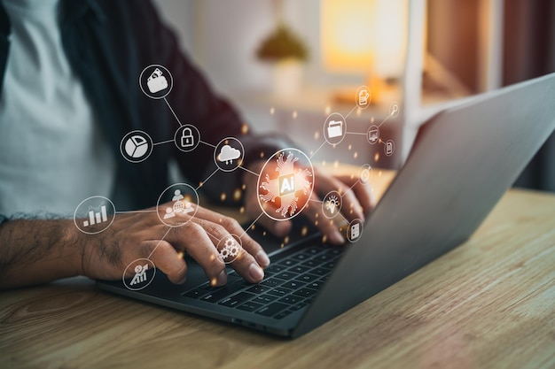 Man using laptop and touch virtual digital Ai network chain Digital transformation change management internet of things smart Ai technology IoT concepts of business icons smart Internet of Things