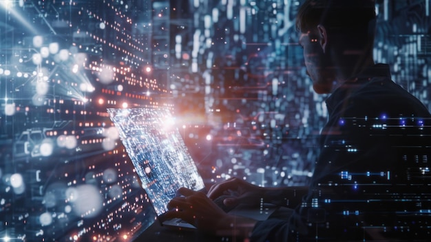 Man Using Laptop with Digital Overlay