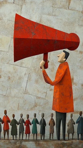 Man Using Megaphone to Talk to Crowd in Primary Colors