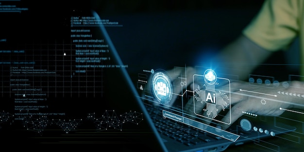 Man using technology smart robot AI artificial intelligence by enter command prompt for generates something Ai technology Artificial Intelligence Futuristic technology transformation Chat with AI