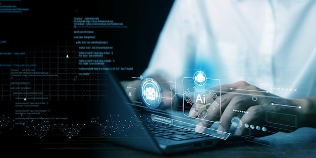 Man using technology smart robot AI artificial intelligence by enter command prompt for generates something Ai technology Artificial Intelligence Futuristic technology transformation Chat with AI