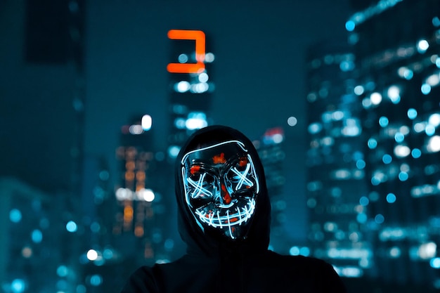man wearing illuminated mask in city at night