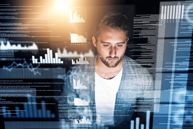 Man web design and overlay for coding software statistics and fintech or ecommerce with lens flare Male person programmer and data analytics with hologram graph and script for financial app