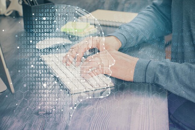 man with computer background with brain theme hologram concept of brainstorm double exposure