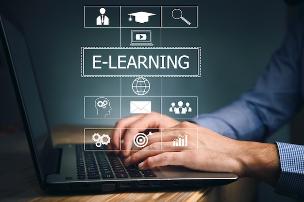 Man working computer and Elearning text