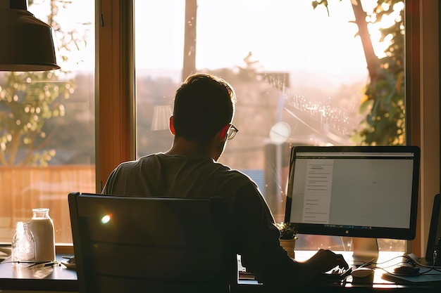 Man working desk computer monitor