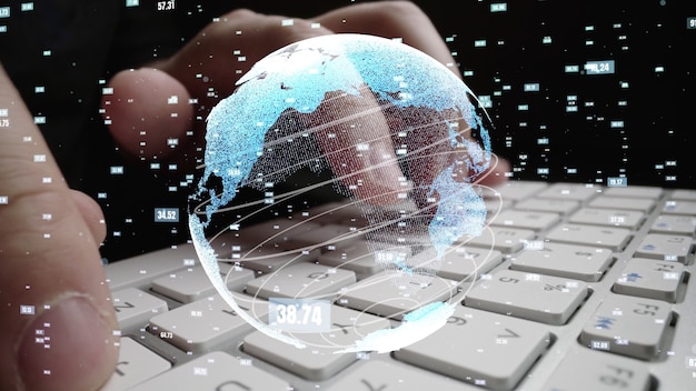 Man working on computer with graphic of mathematics coding modernization