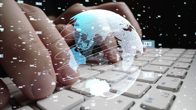 Man working on computer with graphic of mathematics coding modernization
